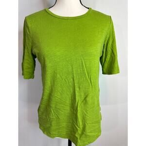Eileen Fisher 100% Organic Cotton Green Crew Neck Top‎ Asymmetrical Hem Size XS